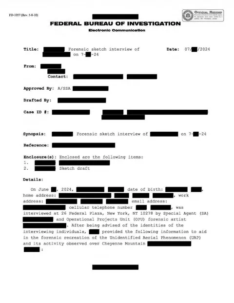 FBI document with redacted text about a sketch interview.