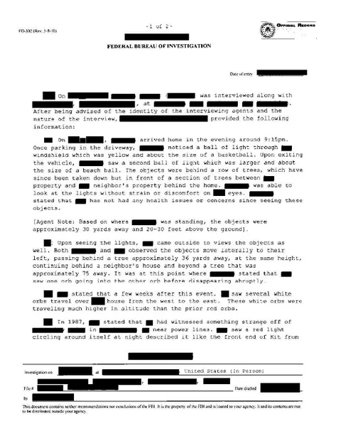 FBI document with redacted text about a light sighting.
