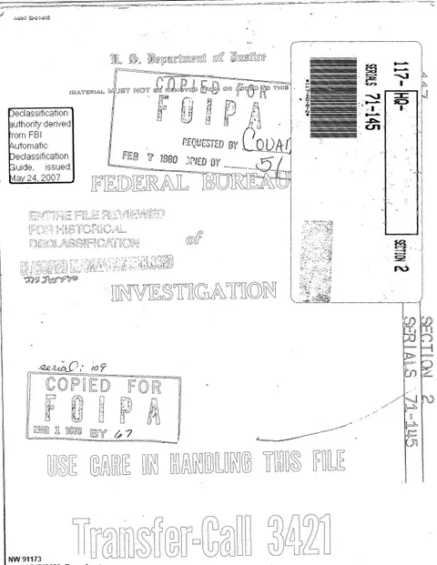 Stamped Department of Justice file cover.