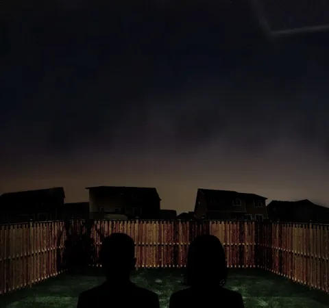 A digital rendering of two figures looking over a fence at a dark object in the night sky.