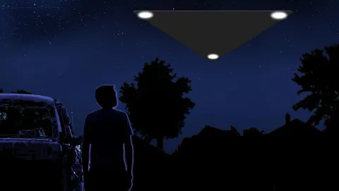 A digital rendering of a person looking up at a dark, triangular object with three lights in the night sky.