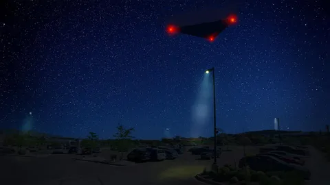 A digital rendering of a large, dark triangular object with red lights flying over a parking lot at night.