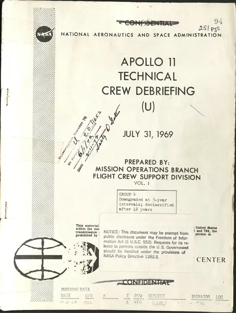 Declassified Confidential NASA Apollo 11 Technical Crew Debriefing cover.