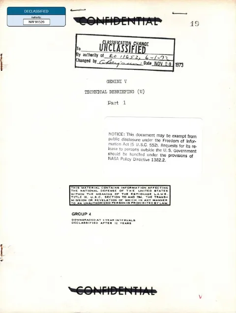 Document titled "GEMINI V TECHNICAL DEBRIEFING Part 1".