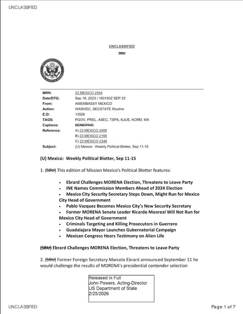 Unclassified diplomatic cable from the US Department of State.