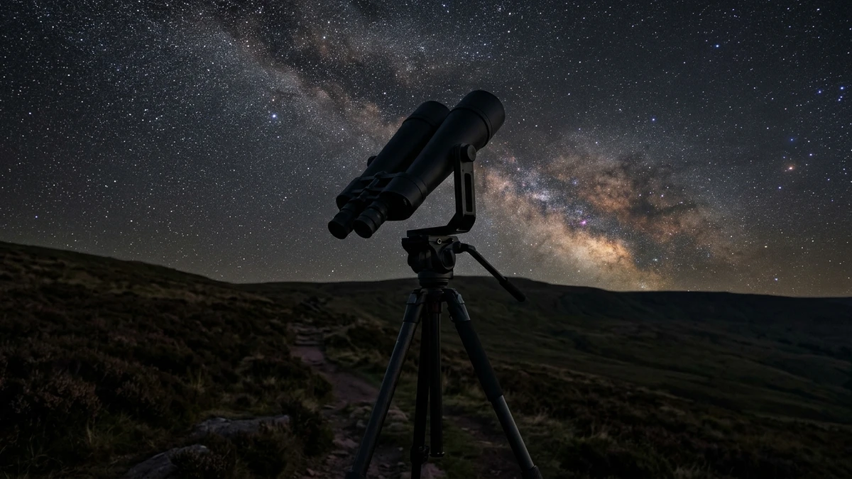 Large astronomy binoculars mounted on a tripod under a starry night sky