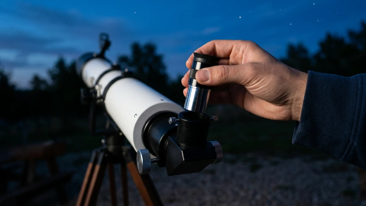 Hand placing an eyepiece into a telescope focuser at dusk