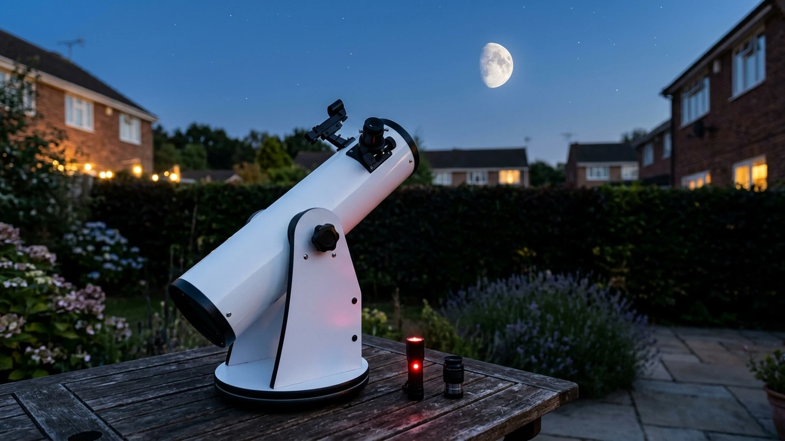 Telescope set up in a garden at dusk, ready for an evening of observing
