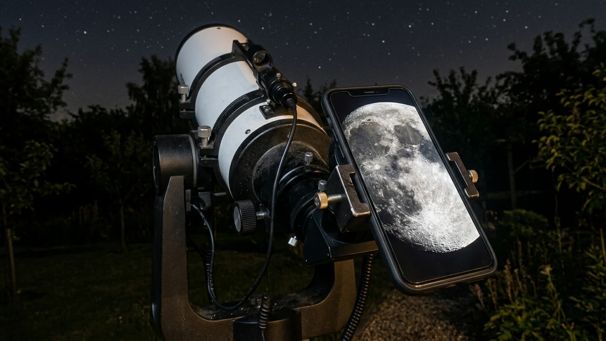 Phone camera held up to a telescope eyepiece, showing the Moon's cratered surface on the screen