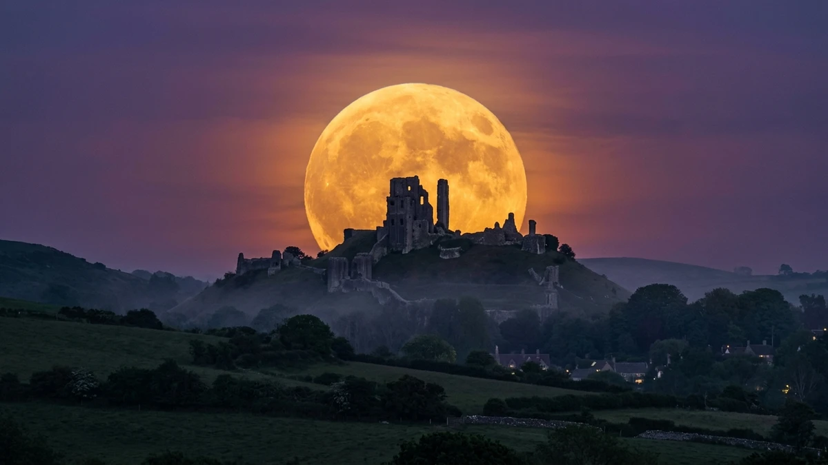 A low full Moon rising over a UK landmark and landscape at dusk