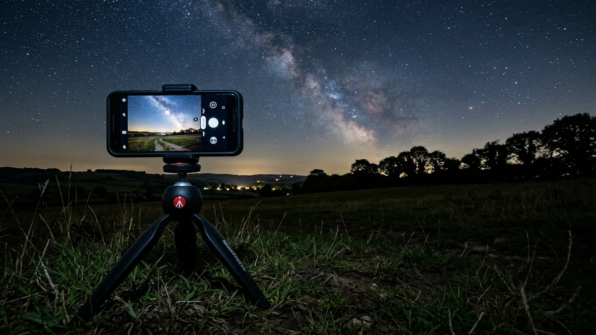 Phone mounted on a tripod ready to catch an ISS pass over a UK garden