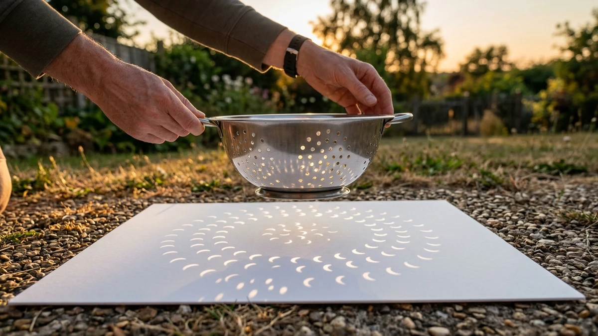 Crescent suns projected through a kitchen colander onto card during a partial solar eclipse