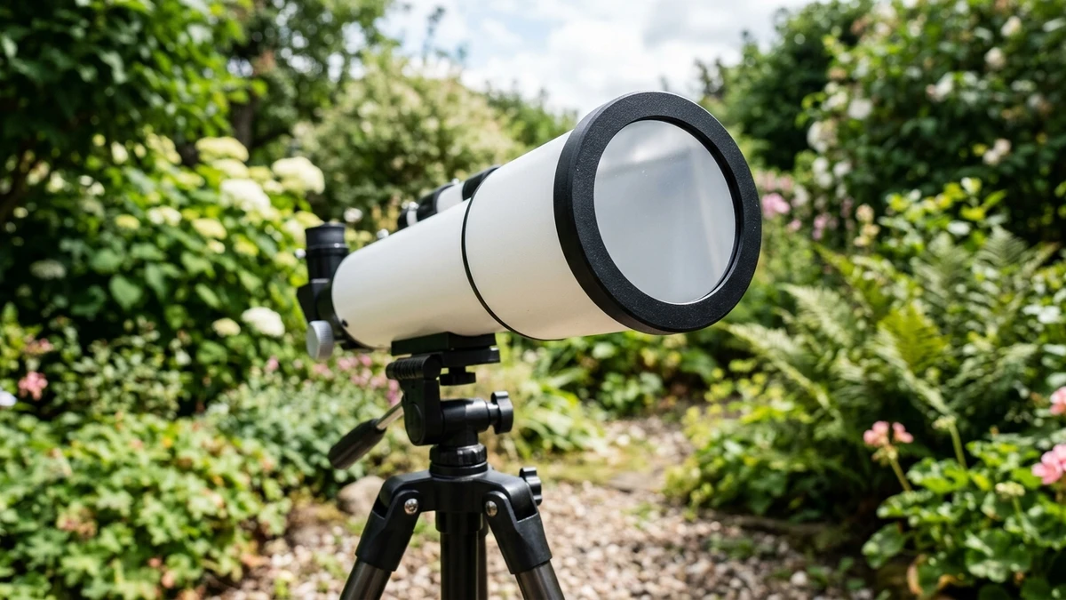 Certified solar film filter fitted securely over the front of a telescope for safe solar observing