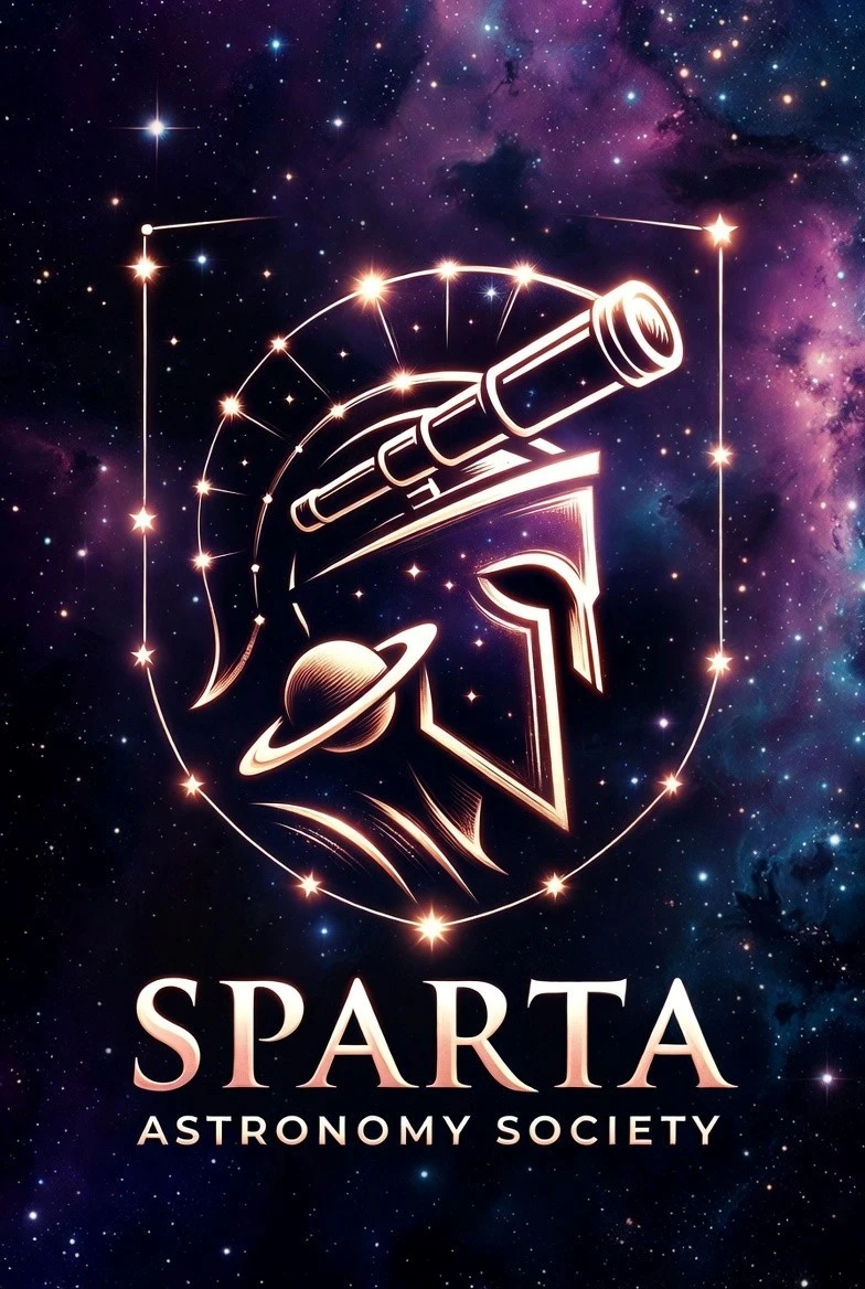 SPARTA Astronomy Society crest, a Spartan helmet and telescope outlined in stars against a purple nebula